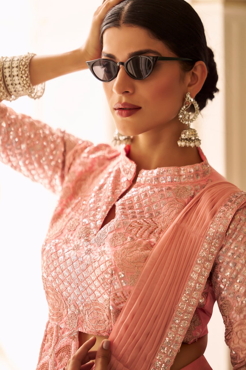 Premium Ready-to-Wear Chinon Drape Saree with Embroidered Blouse