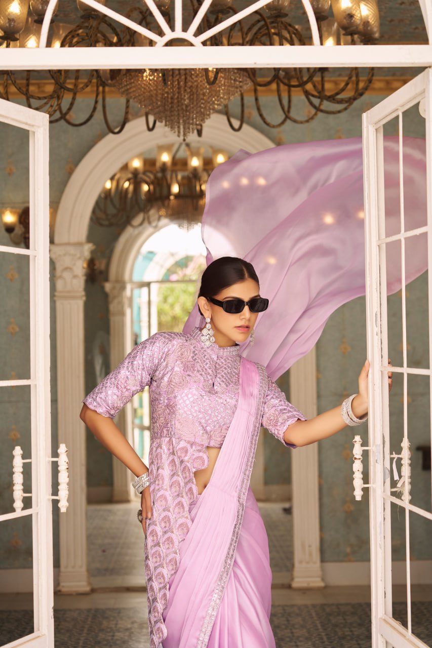 Premium Ready-to-Wear Chinon Drape Saree with Embroidered Blouse