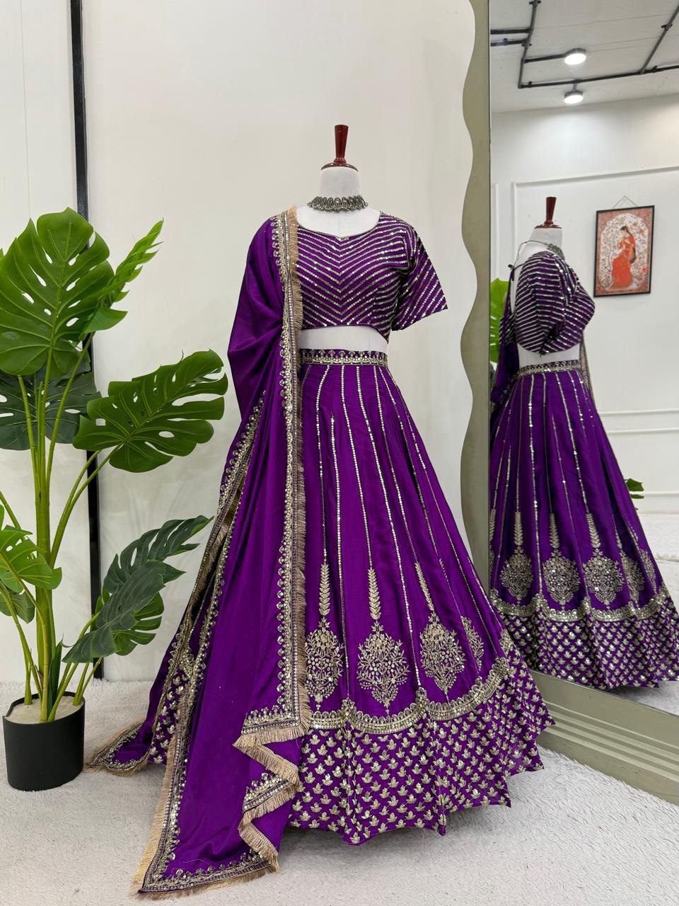 Elegant Chinon Silk Lehenga Set with Heavy Sequins Work