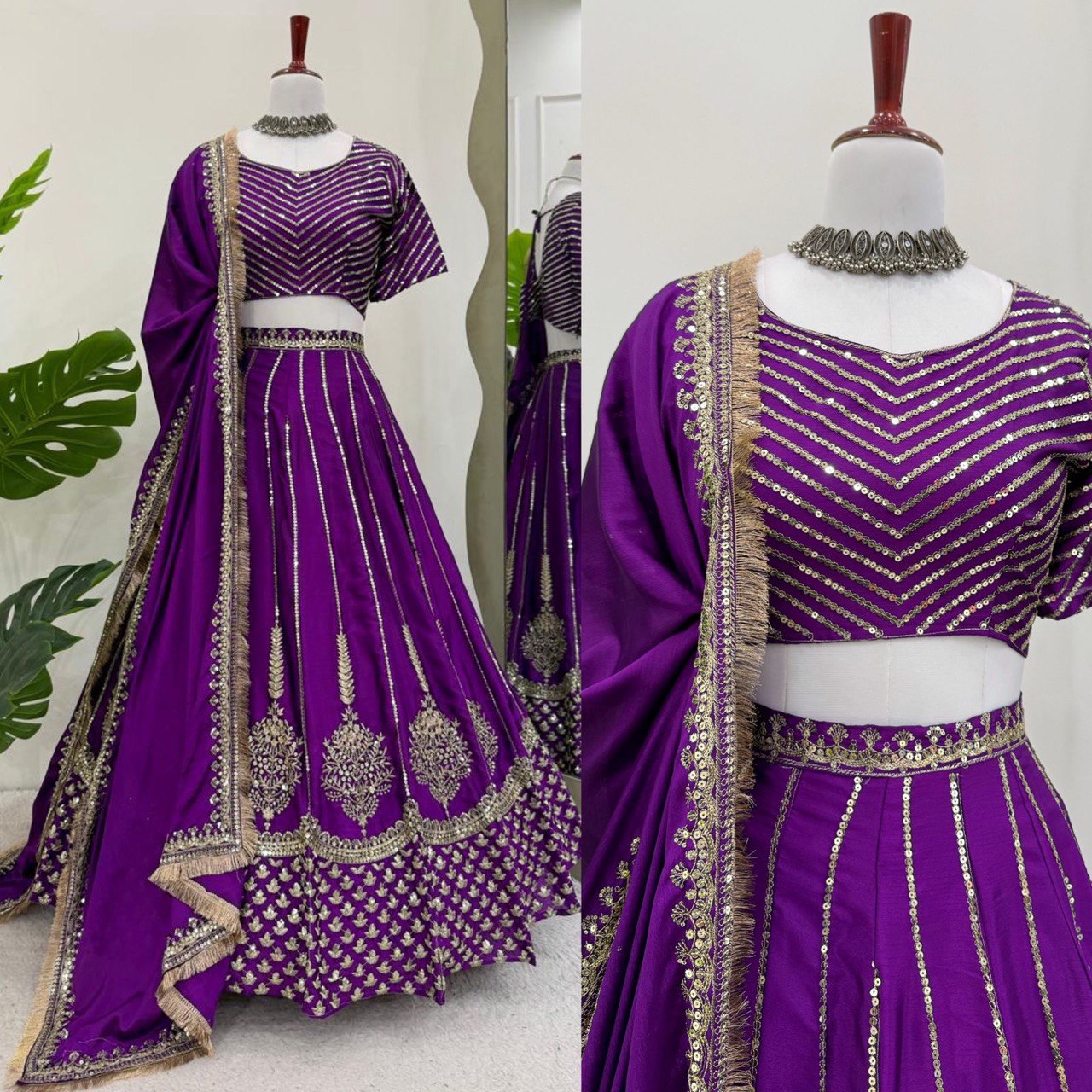 Elegant Chinon Silk Lehenga Set with Heavy Sequins Work