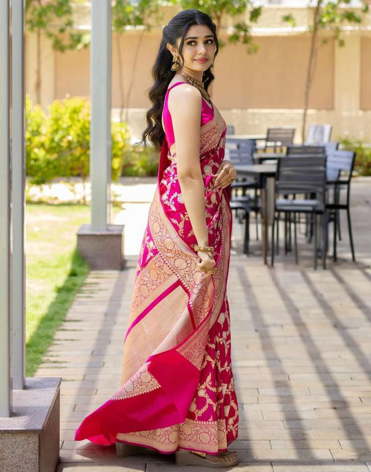 Luxurious Red Banarasi Soft Silk Saree with Elegant Gold Zari Work