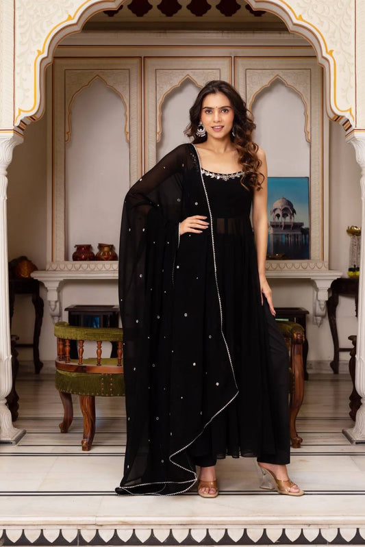 Faux Georgette Mirror Work Plazo Suit Set with Lace Border Dupatta – Handwork Designer Wedding & Party Wear Ethnic Outfit