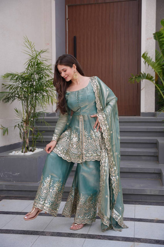 Women’s Heavy Two Tone Fendy Satin Silk Gown Sharara Set with Embroidery Sequins & Real Mirror Work | Wedding & Party Wear Suit