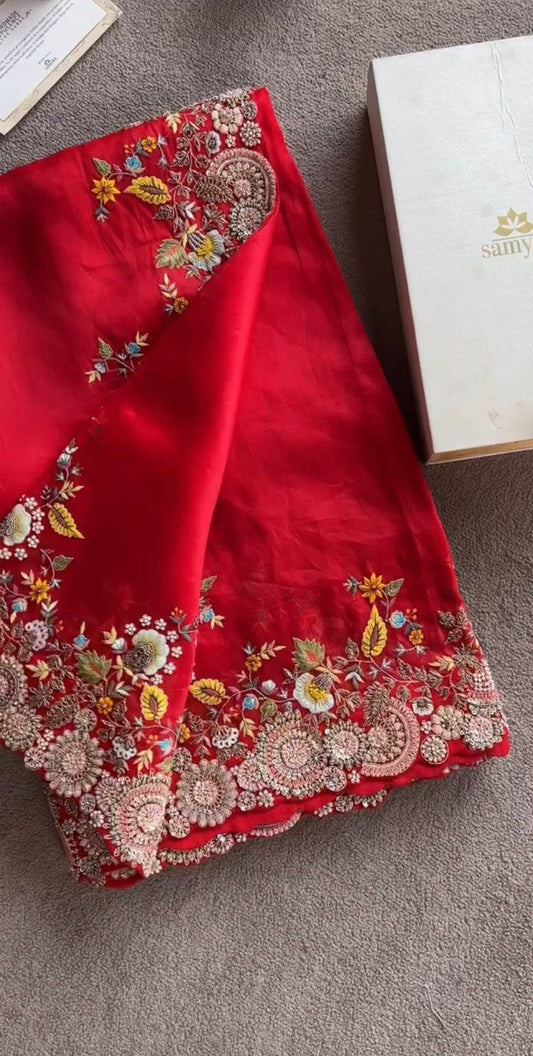 Red Designer Faux Georgette Saree with Thread & Sequence Work