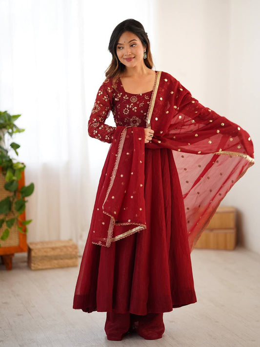 Elegant Designer Crunchy Silk Embroidered Anarkali Gown Set with Dupatta