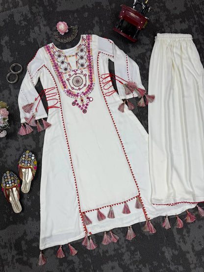 Rakhi Special Designer Cord Set with Palazoo | Premium Rayon with Real Mirror Work & Tassels