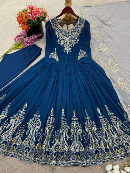 Heavy Designer Party Wear Gown with Dupatta – Multy Thread Embroidery & Sequence Work