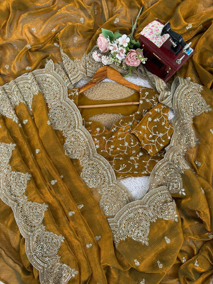 Designer Fendi Chiffon Saree with Sequins & Thread Embroidery