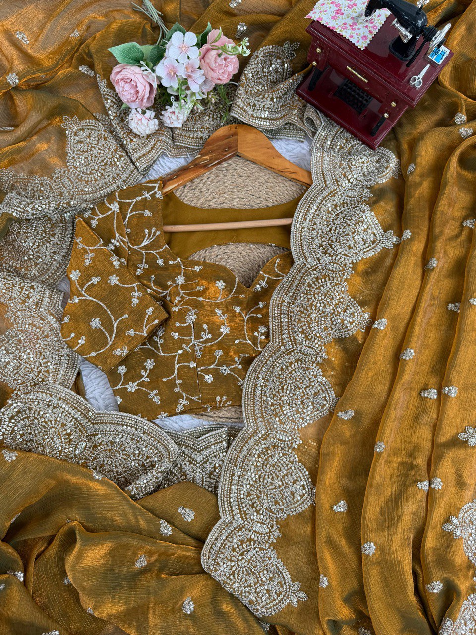Designer Fendi Chiffon Saree with Sequins & Thread Embroidery