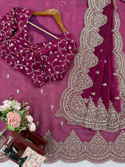 Designer Fendi Chiffon Saree with Sequins & Thread Embroidery