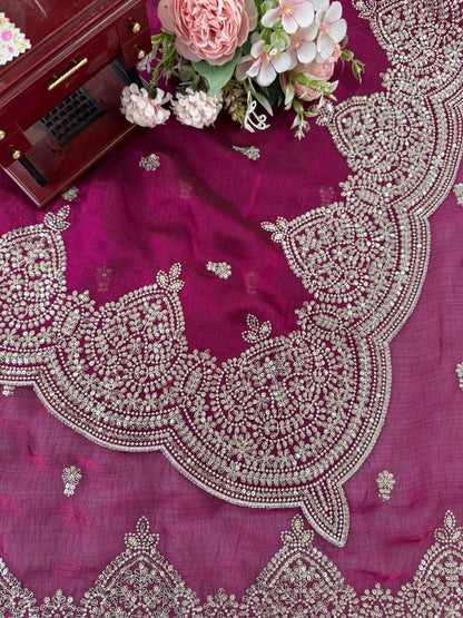 Designer Fendi Chiffon Saree with Sequins & Thread Embroidery