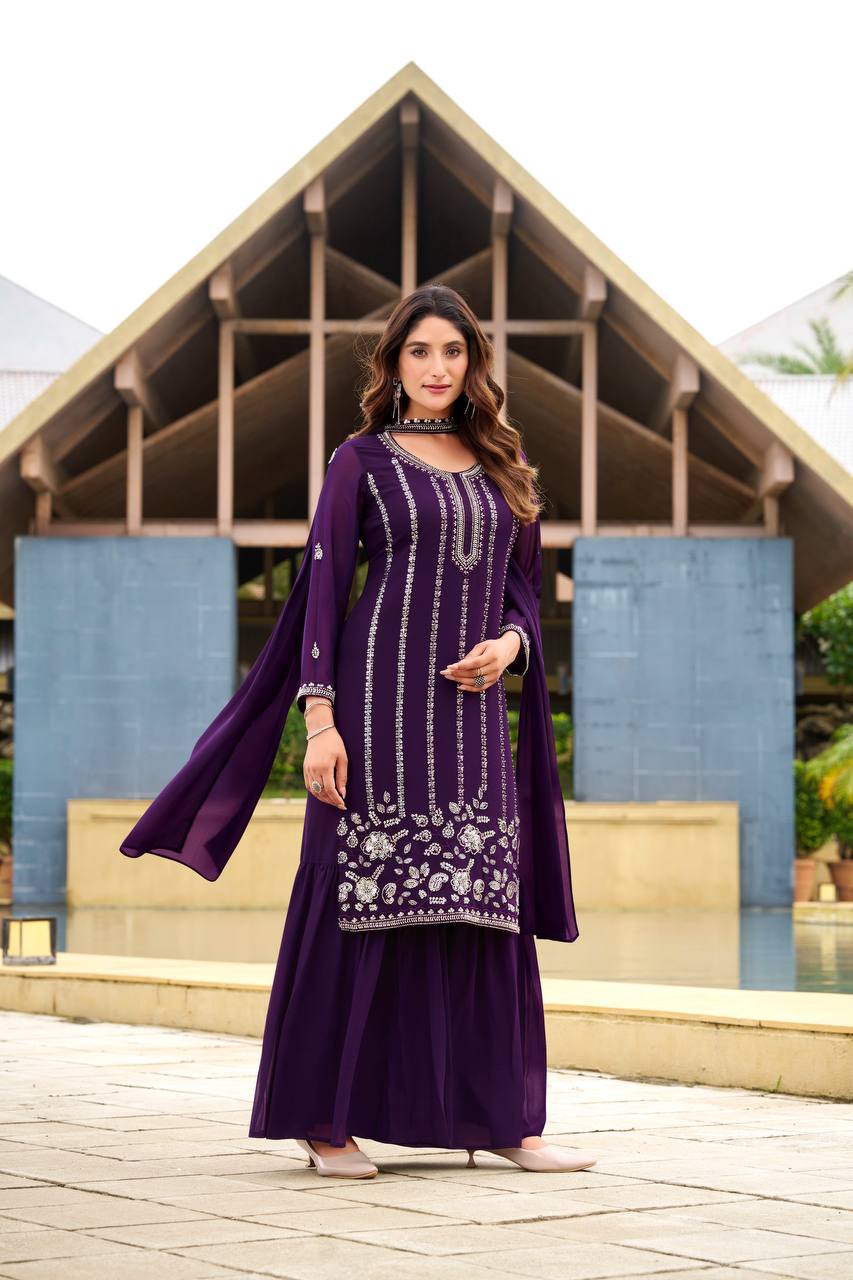 Designer Georgette Top Sharara Set with Belt Style Dupatta