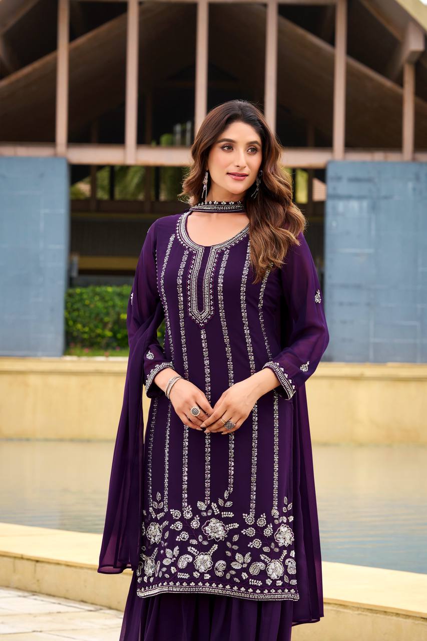 Designer Georgette Top Sharara Set with Belt Style Dupatta