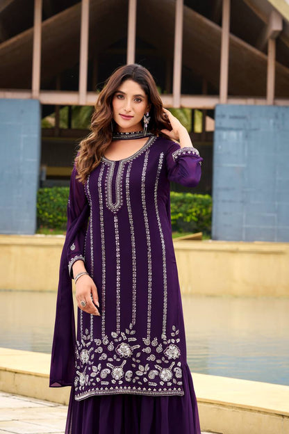 Designer Georgette Top Sharara Set with Belt Style Dupatta