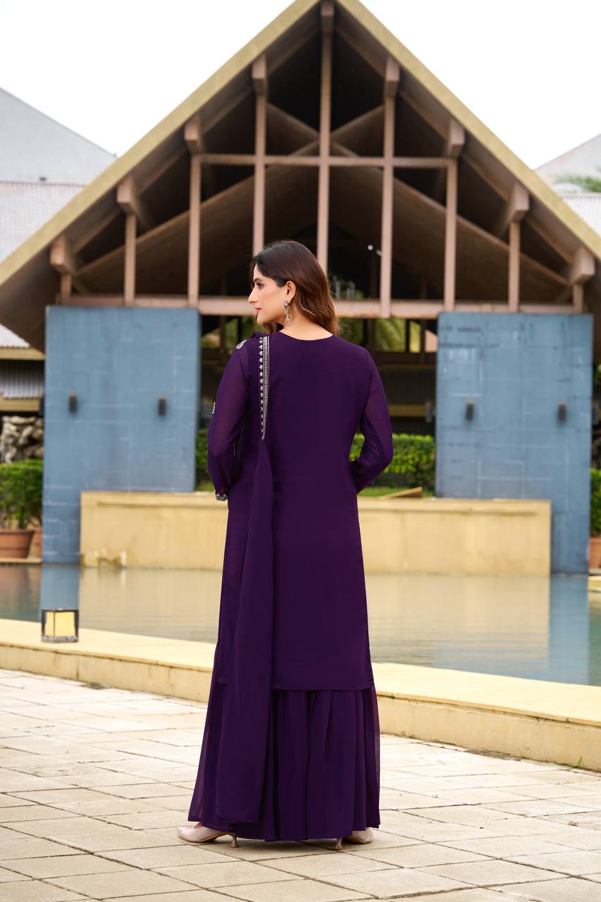 Designer Georgette Top Sharara Set with Belt Style Dupatta