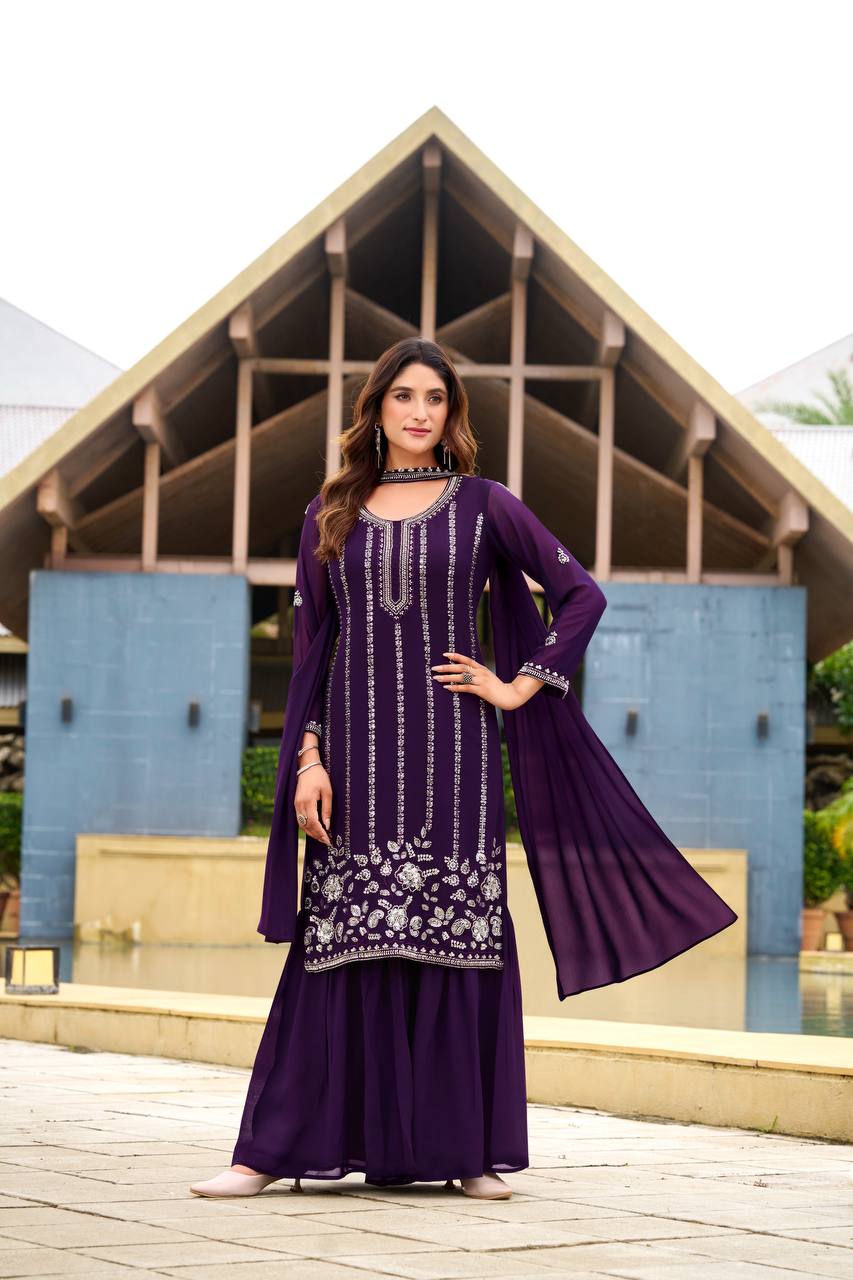 Designer Georgette Top Sharara Set with Belt Style Dupatta