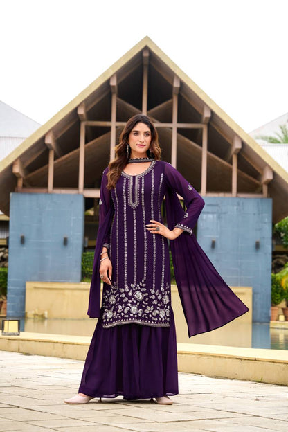 Designer Georgette Top Sharara Set with Belt Style Dupatta