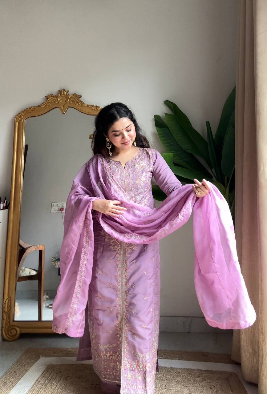 Designer Roman Silk Kurti Plazzo Set with Organza Dupatta
