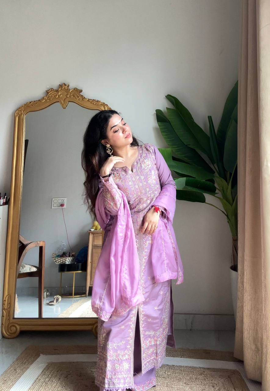 Designer Roman Silk Kurti Plazzo Set with Organza Dupatta