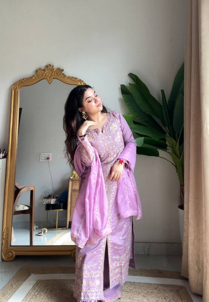 Designer Roman Silk Kurti Plazzo Set with Organza Dupatta