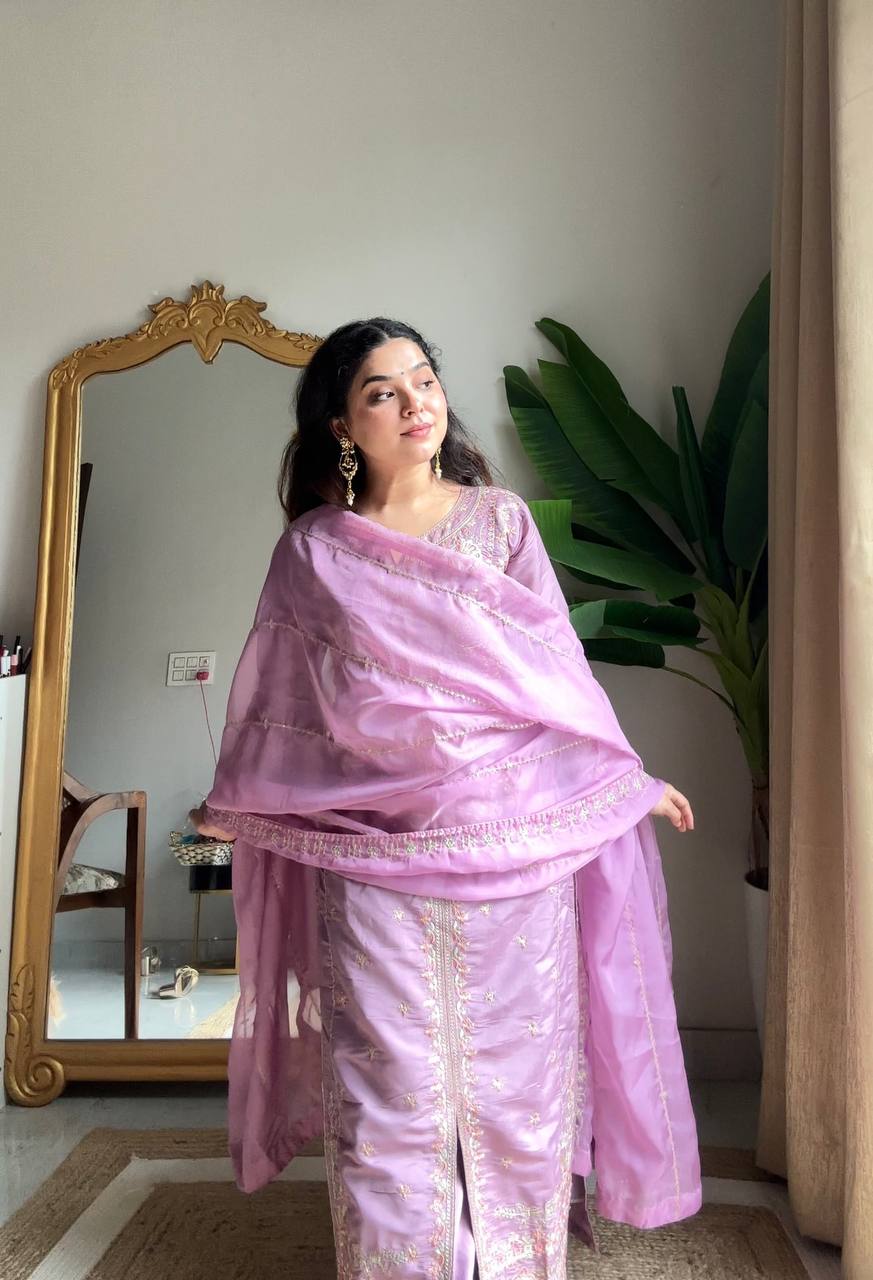 Designer Roman Silk Kurti Plazzo Set with Organza Dupatta