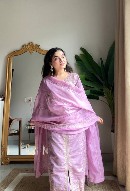 Designer Roman Silk Kurti Plazzo Set with Organza Dupatta