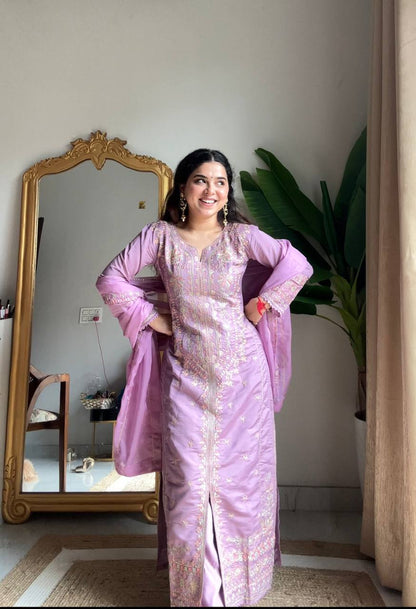 Designer Roman Silk Kurti Plazzo Set with Organza Dupatta