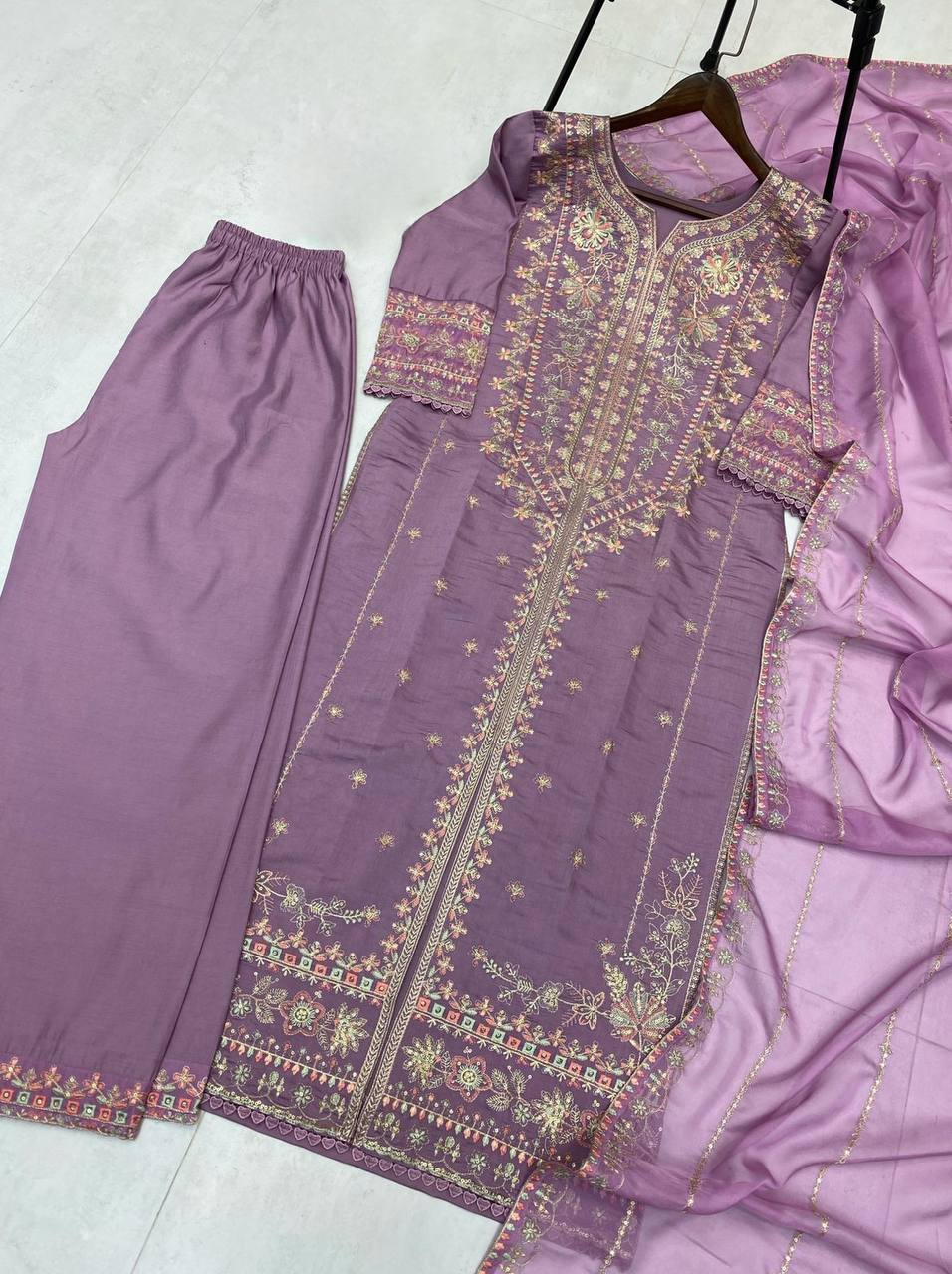 Designer Roman Silk Kurti Plazzo Set with Organza Dupatta