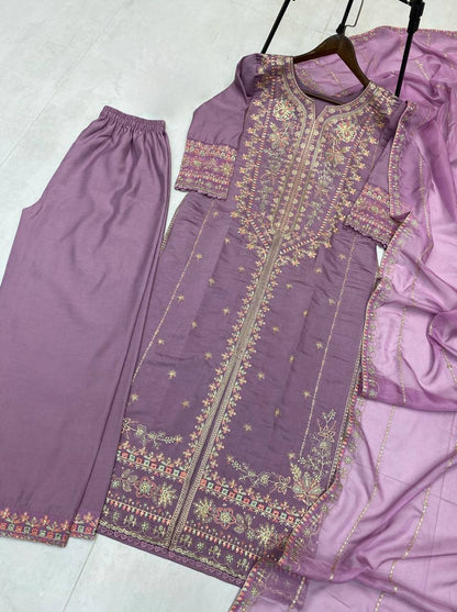 Designer Roman Silk Kurti Plazzo Set with Organza Dupatta