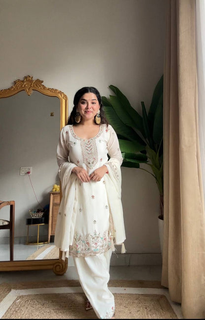 Adaa Chinon Embroidered Kurti Salwar Dupatta Set
