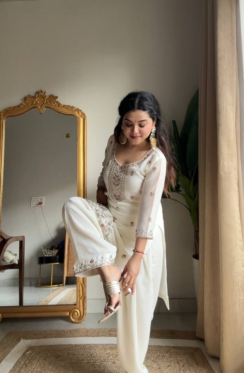 Adaa Chinon Embroidered Kurti Salwar Dupatta Set