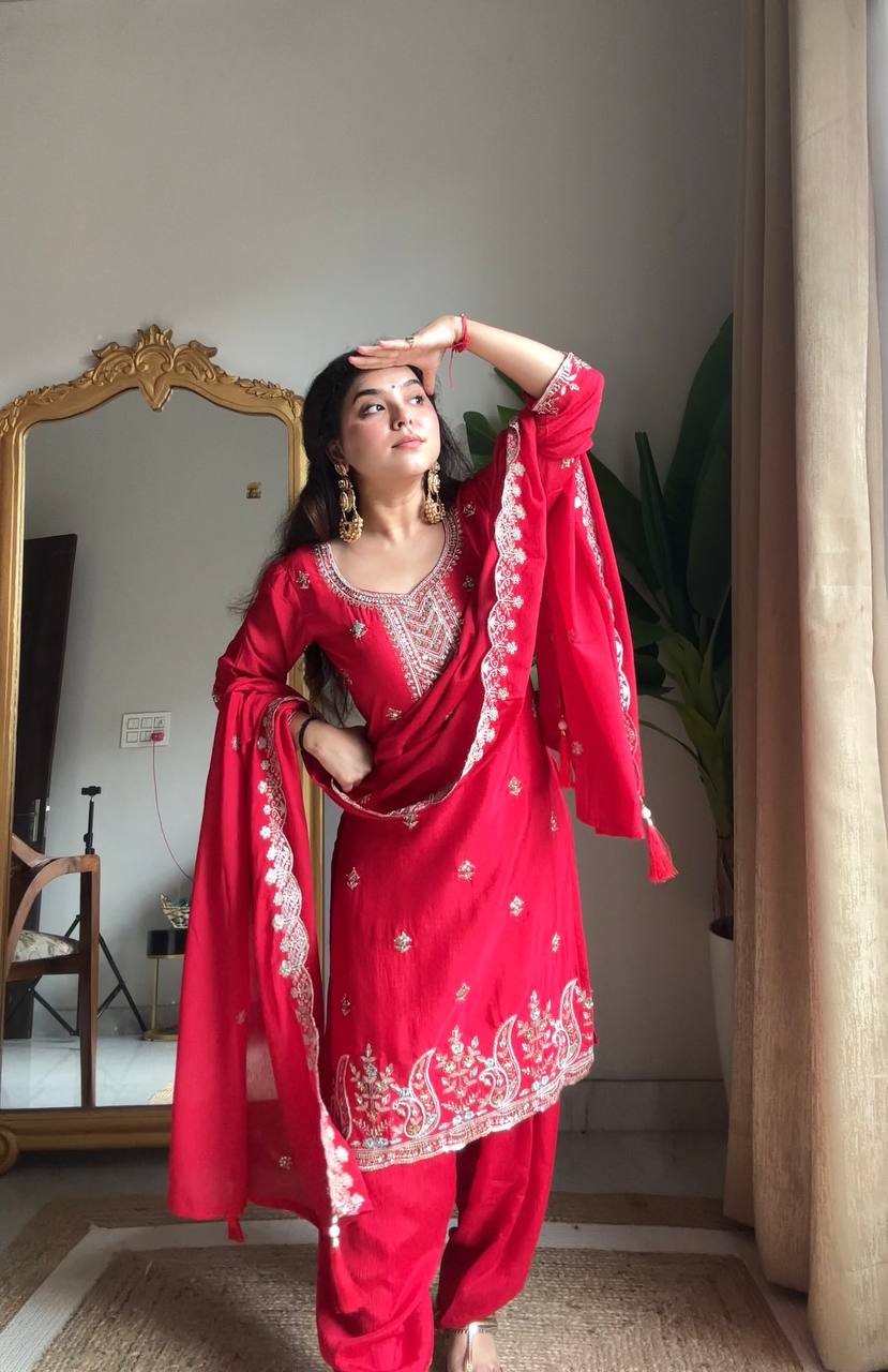 Adaa Chinon Embroidered Kurti Salwar Dupatta Set
