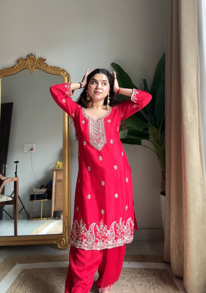 Adaa Chinon Embroidered Kurti Salwar Dupatta Set