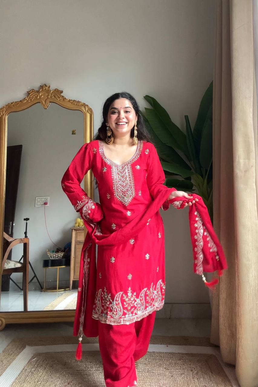 Adaa Chinon Embroidered Kurti Salwar Dupatta Set