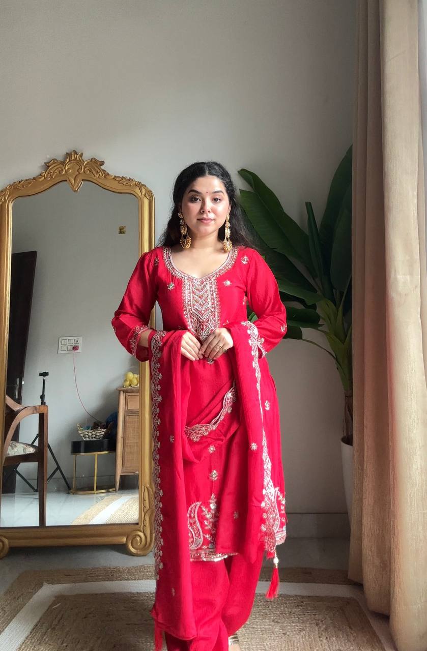 Adaa Chinon Embroidered Kurti Salwar Dupatta Set