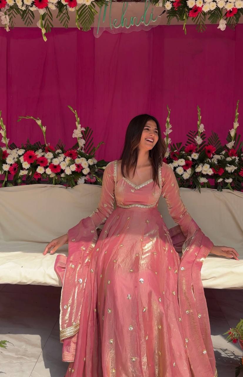 Premium Heavy Fandy Silk Gown Set with Embroidered Dupatta & Pant