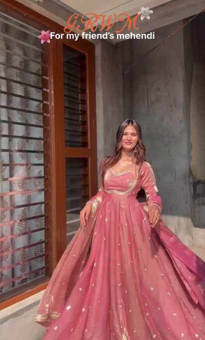 Premium Heavy Fandy Silk Gown Set with Embroidered Dupatta & Pant