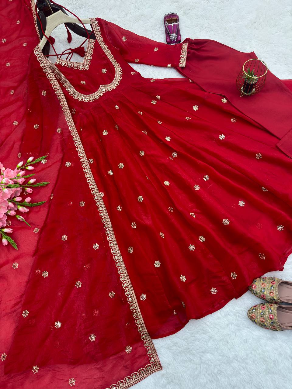 Premium Heavy Fandy Silk Gown Set with Embroidered Dupatta & Pant