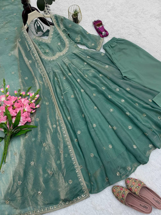 Premium Heavy Fandy Silk Gown Set with Embroidered Dupatta & Pant