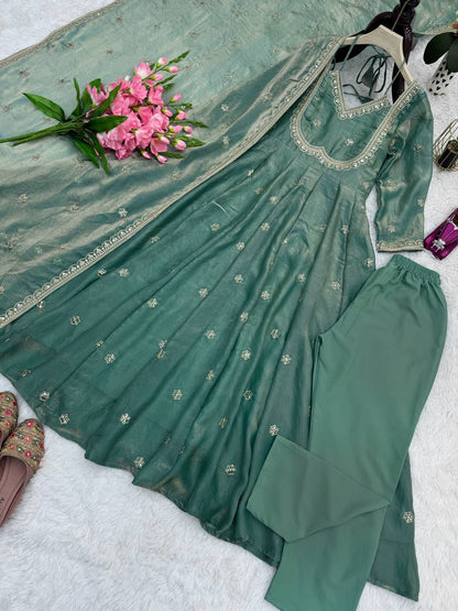 Premium Heavy Fandy Silk Gown Set with Embroidered Dupatta & Pant