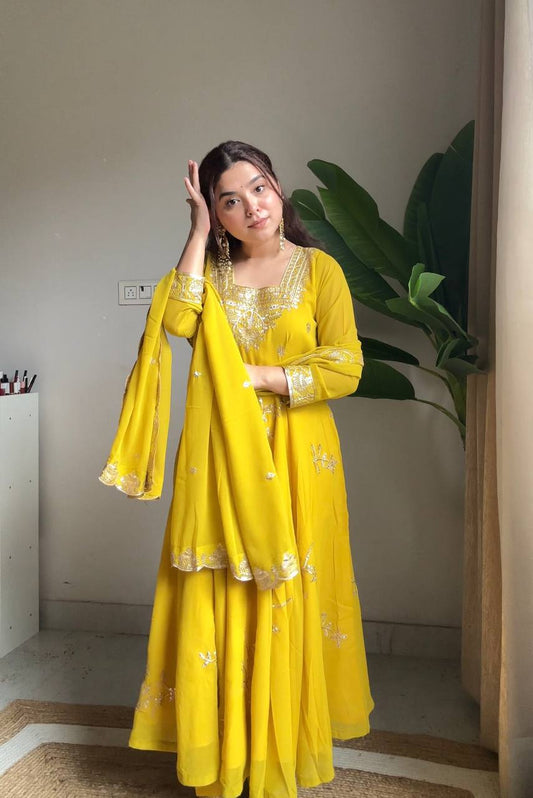 Elegant Embroidered Kurti Sharara Set with Designer Dupatta