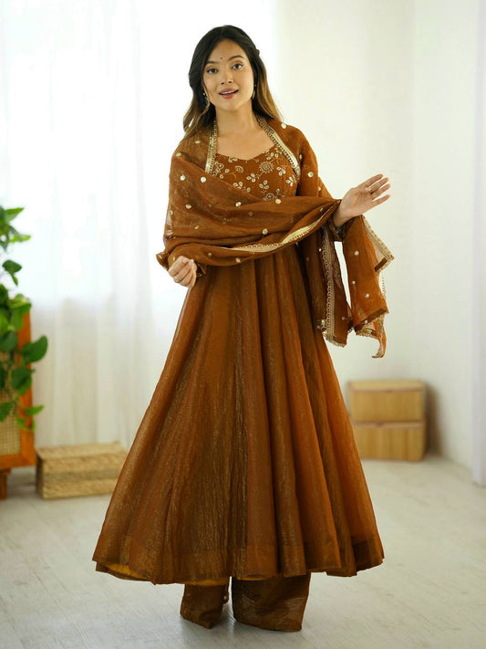 Elegant Designer Crunchy Silk Embroidered Anarkali Gown Set with Dupatta