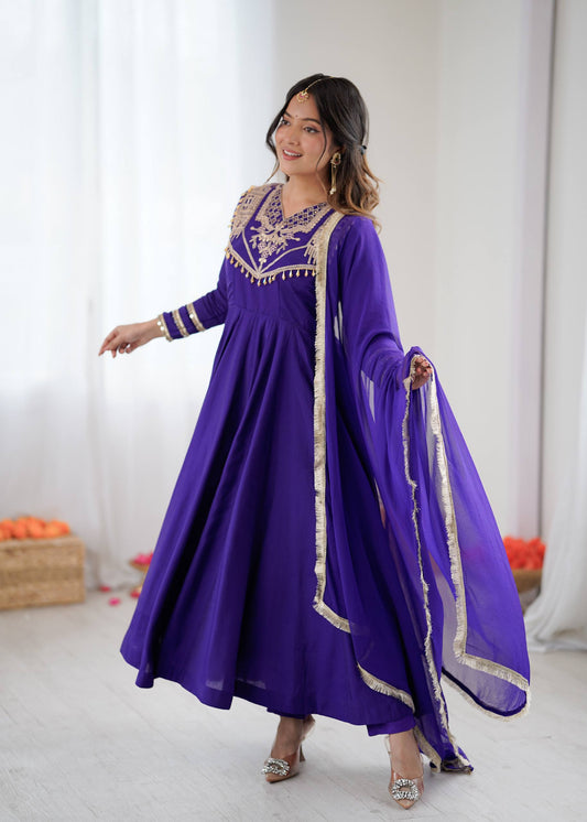 Premium Roman Silk Anarkali Gown Set with Dupatta – Fully Stitched Party Wear Anarkali Suit for Women (4.5m Flair)