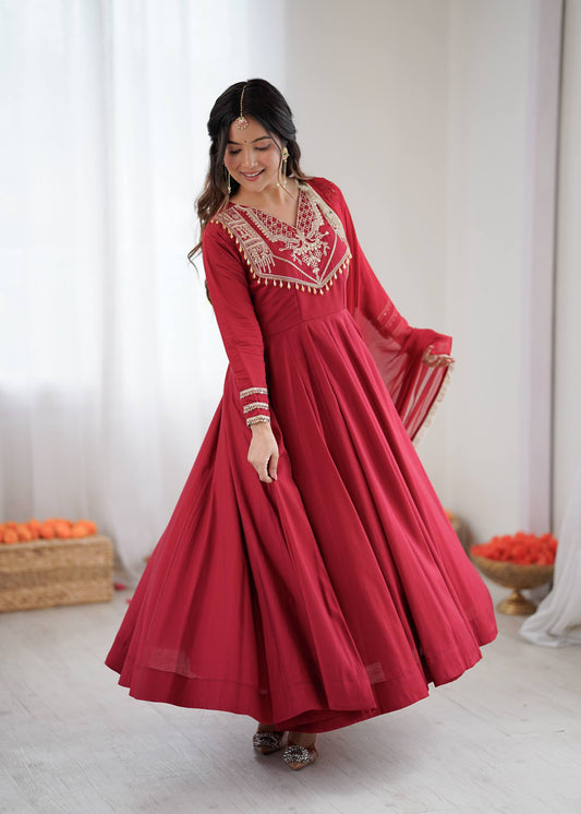 Premium Roman Silk Anarkali Gown Set with Dupatta – Fully Stitched Party Wear Anarkali Suit for Women (4.5m Flair)