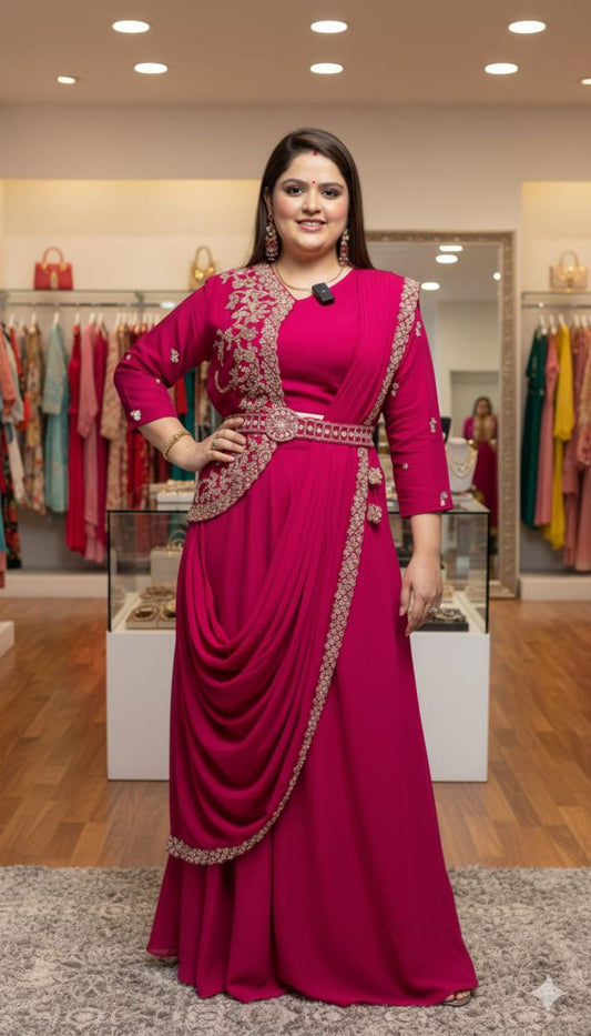 Chinnon Silk Lehenga Saree with Embroidered Belt, Jacket Blouse & Dupatta – Multi Thread Sequence Work Designer Festive Outfit