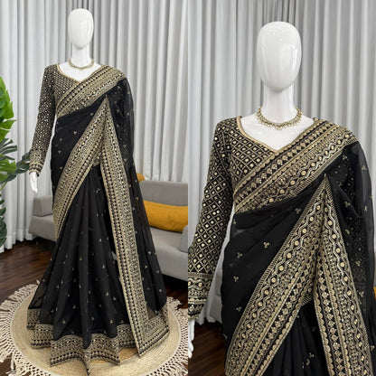 Designer Tibby Silk Saree with Sequence Thread Work