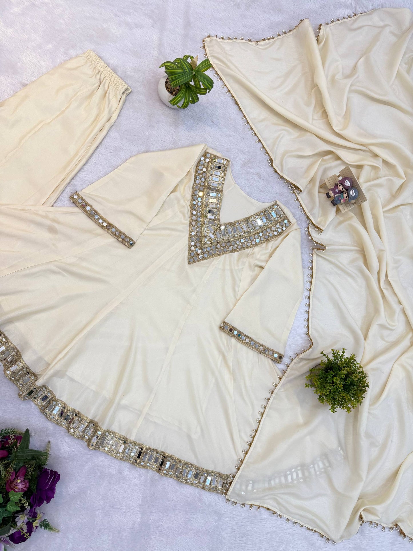 Embroidered Simmer Silk 3-Piece Set with Mirror Work & Fancy Dupatta