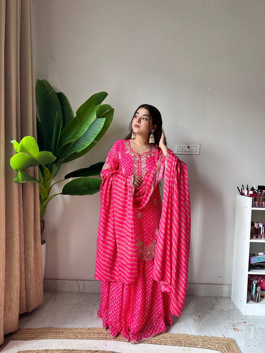 Designer Printed Chinon Kurti Sharara Set with Embroidered Dupatta
