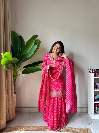 Designer Printed Chinon Kurti Sharara Set with Embroidered Dupatta