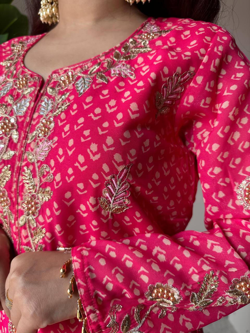 Designer Printed Chinon Kurti Sharara Set with Embroidered Dupatta